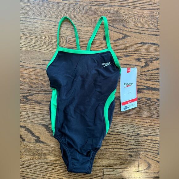 NWT New SPEEDO Rapid Spliced Energy Back Racing Swimsuit Black Green 22 - Picture 2 of 5